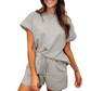 🔥Hot Sale 49% OFF💝✨Women's Solid Textured Casual Short Sleeve Top Drawstring Shorts Set