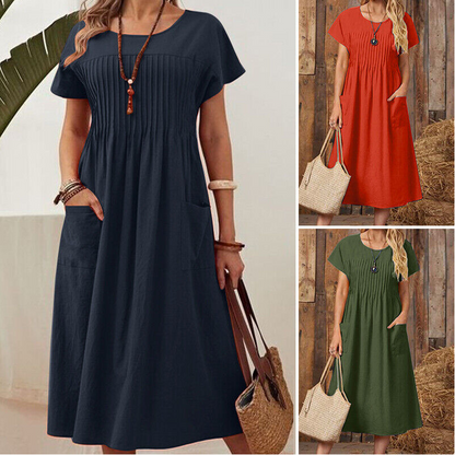 🌸 50% OFF NOW! 👗 Women’s Pleated Short-Sleeve Dress with Pockets – Soft Cotton-Linen Blend ☀️👜