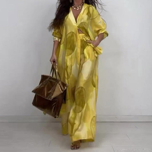🌤️🌤️Fashionable 2-piece set with print: long-sleeved blouse and wide-leg trousers