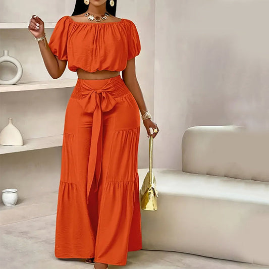 Off-Shoulder Puff Sleeve Top with Wide-Leg Pants 2-Pieces Set