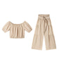 Off-Shoulder Puff Sleeve Top with Wide-Leg Pants 2-Pieces Set
