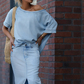 Women's Diagonal Shoulder Top with Split Denim Long Skirt