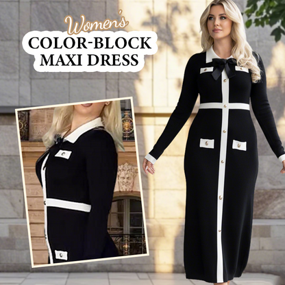 Women's Color-Block Long Sleeve Maxi Dress
