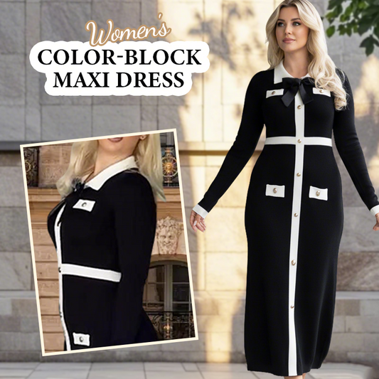 Women's Color-Block Long Sleeve Maxi Dress