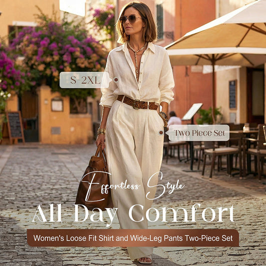 Women's Loose Fit Shirt & Wide-Leg Pants Two-Piece Set