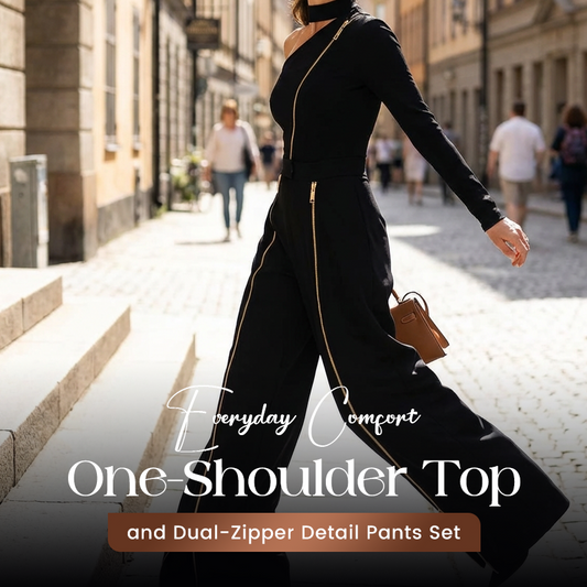 One-Shoulder Top and Dual-Zipper Detail Pants Set