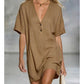 Women's V-Neck Short Sleeve Linen Tunic Dress