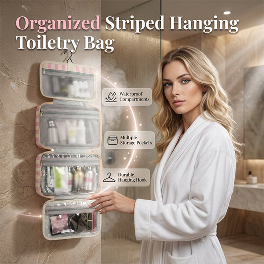 🔥🔥Hot seller recently!🥳Striped Hanging Toiletry Bag – 4 Transparent Compartments, Water-Resistant, Foldable Tote with Hook, Travel Organiser for Cosmetics & Toiletries, Multiple Colours