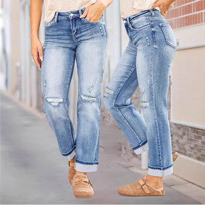 👖 50% OFF! ✨ Women's Ripped Straight-Leg Jeans – High-Waist, Distressed, Stretchy 🆒