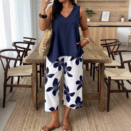 🔥New Arrivals🔥Women's Asymmetrical Top & Floral Capri Pants Set