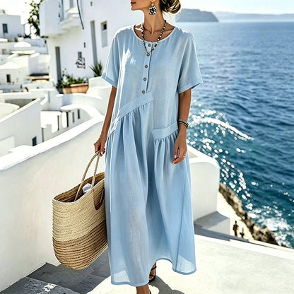 Women's Button-Front Short Sleeve Maxi Dress