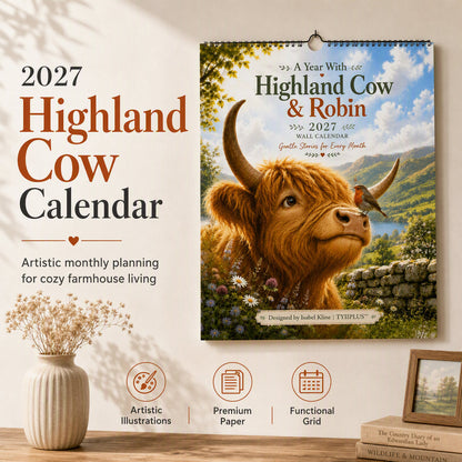 🐮 2027 Highland Cow Calendar – Whimsical Art & Everyday Warmth 🐦