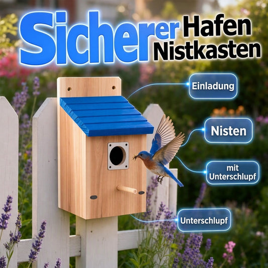 ✨ Weatherproof Wooden Outdoor Bird House – Solid Thickened Natural Timber with Sky Blue Slanted Roof, Predator-Safe Metal Reinforced Entry Guard & Round Resting Perch – 15×15×22cm for Bluebirds Wrens Finches & Songbirds 🏡