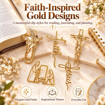 Gold Jesus Cross Bible Bookmarks and Paper Clips