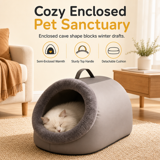 🐾 Enclosed Plush Pet Bed – Cozy Cave-Style Sleeping Space for Cats & Dogs